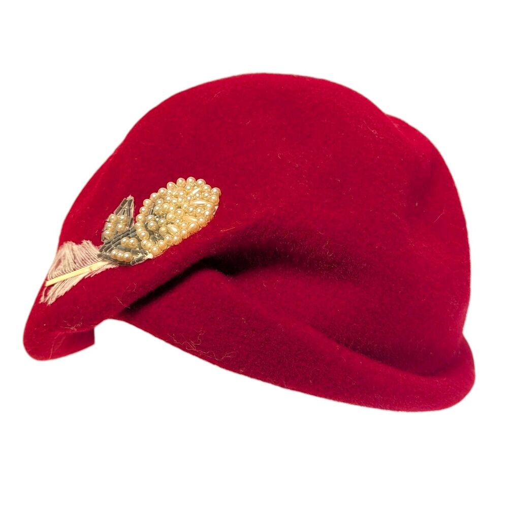 Vtg Blendover Henry Pollak Hat Cap Red Cloche Bucket Wool Red 1950s